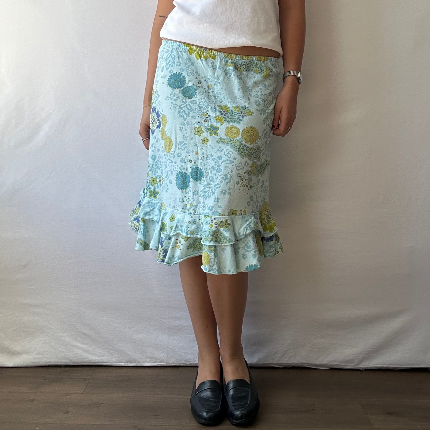 Ruffled Paisley Midi Skirt